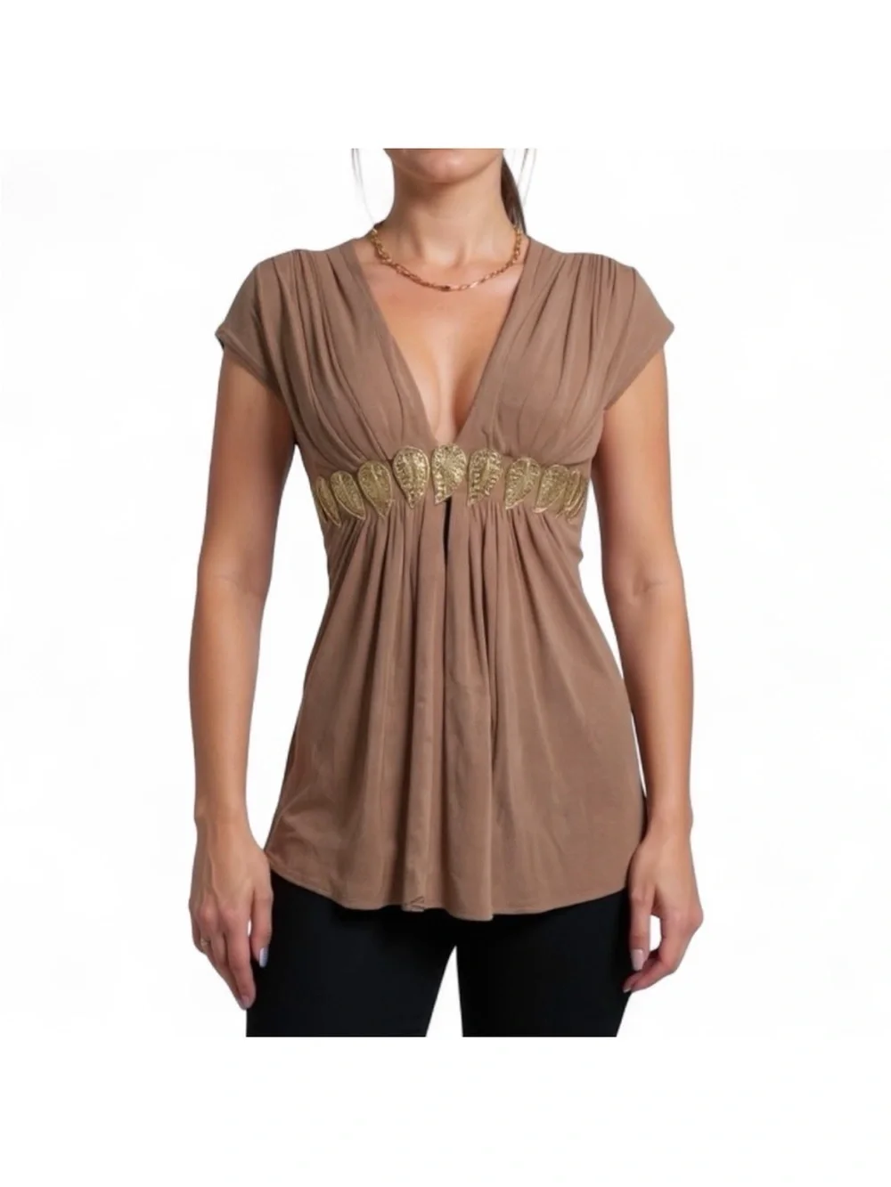Sky Taupe V-Neck Empire Waist Top with Gold leaf Embellishment